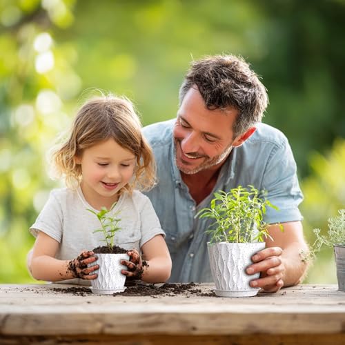 7/6.5/6/5.5/5/4.5/4 inch Plant Pots for Indoor Outdoor Plants, 7 Pack Thick Flower Pots with Drainage Holes and Saucers, Modern Wave Texture Plastic Planters Nursery Pots, Speckled White (White With Black Speckles / 7+6.5+6+5.5+5+4.5+4 inch 7 pieces)