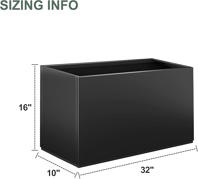 32" L x 10" W x 16" H Metal Rectangular Planters, Long Outdoor Planter Box, Black Rectangle Planter for Front Porch, Garden, with Drainage Holes, All Weather Use (No Insert Shelf)