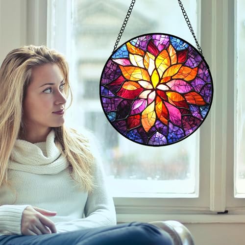 Purple Gradient Flower Stained Glass Window Hanging Gifts for Women 15" (Purple Orange / 15x15 IN)