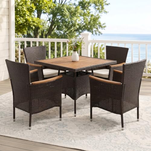 Rattan Patio Table and Chairs Set with Acacia Tabletop (Brown - Beige / 5-Pieces)