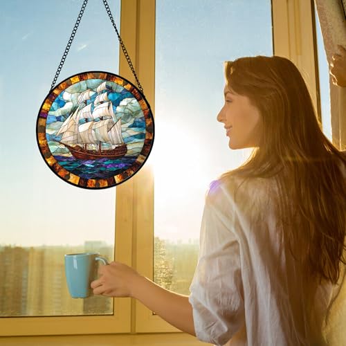 Blue Ocean Sailing Stained Glass Window Hanging Suncatcher Gifts 7.8"