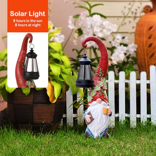 Solar Coffee Gnome Garden Statue with Lantern (Red Hat Gnome 13.39in)