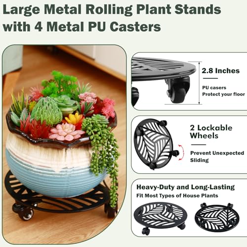 3 Packs Large Metal Plant Caddy with Wheels 12 (12"/ 13"/ 13.6")