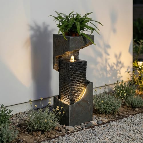 Modern Rectangular Water Fountain Outdoor with LED Lights & Planter Top (Graymodern35.4)