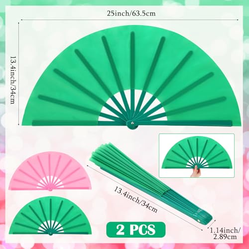 2 Packs Large Folding Hand Fans (Grass Green and Pink)