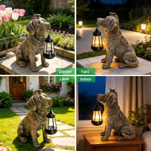 Garden Statue Dog Figurine Decor with Solar Lights 11in Outdoor Decoration (Bronze - Dog with Lantern)