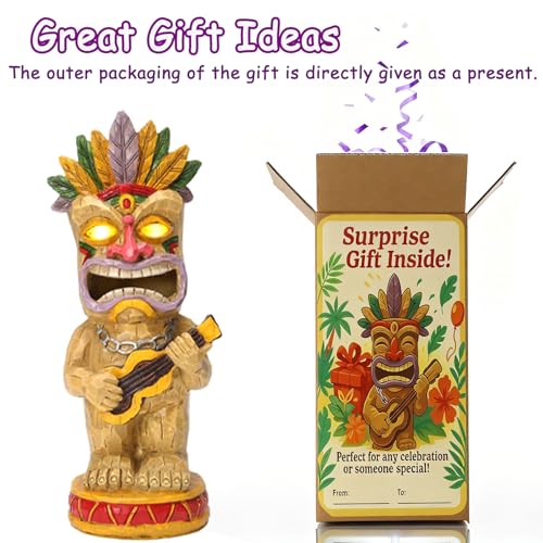 Solar Tiki Garden Statue with LED Eyes Outdoor Resin Ukulele Player Yard Decor Solar Light Hawaiian Style Lawn Ornament for Patio Porch Tiki Bar Decor Best Gift for Tiki Lovers (Ukulele Tiki Statue)