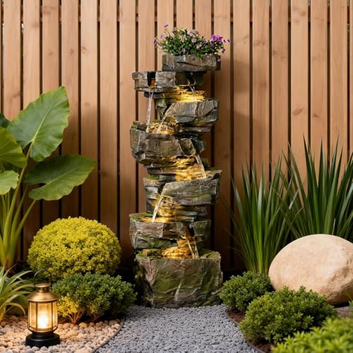 48H Large Rock Cascading Outdoor Water Fountain with 6 Tiers (48H / Gray-rock)