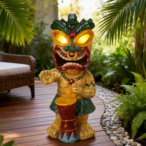Solar Tiki Garden Statue with LED Eyes Outdoor Polynesian Drummer Hawaiian Party Decor Solar Light Ornament for Patio Porch Lawn or Tiki Lover Best Gifts for Tiki Lovers (Drumming Tiki Statue)