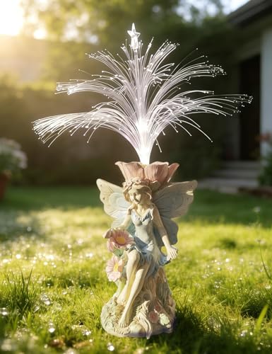 Fairy Garden Decor Statue Solar Fairy Garden Statues With Fiber Optic Light (White Fairy)