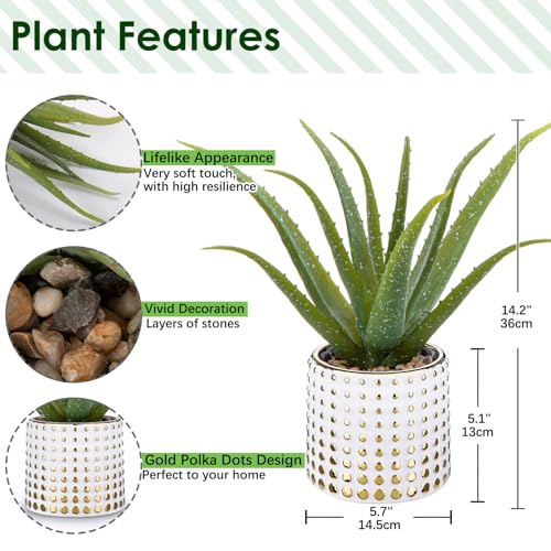 Artificial Succulent Aloe Plants 14.2 Inch Large Faux Succulents with Ceramic Pot Fake Aloe Potted Plant for Home Indoor Bathroom Table Bedroom Shelf Office Decor (Gold-15")