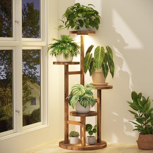4 Tier Wood Plant Stand Indoor Corner with Grow Light (Pine Brown with Light / 4 Tiers)