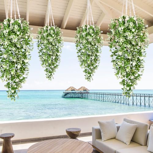 8Pcs Fake Hanging Plants (White Flowers / 8Pcs Plants)