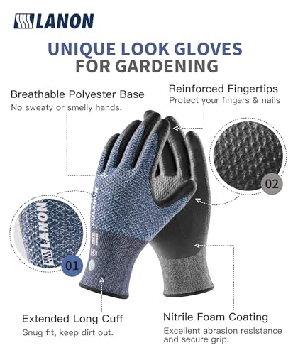 LANON Gardening Gloves for Men Women (Dusty Olive & Bluebird (Nitrile) / Large)