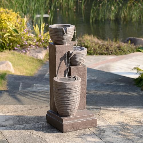 Horizontal Ribbed Pattern Outdoor Water Fountain (Warm Gray)
