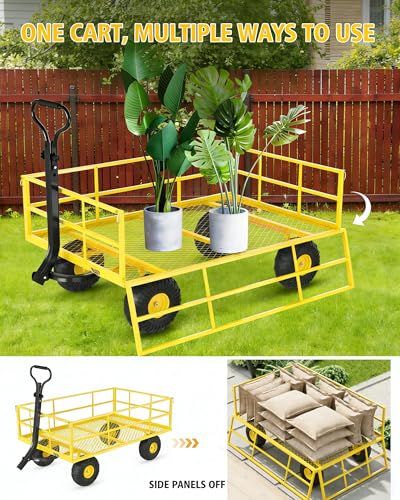 Heavy Duty Steel Garden Cart 1200 LBS Capacity 3 in 1 Pullable Garden Wagon with 13 in Wheels for Gardening Soil (Yellow / 1200 lbs)