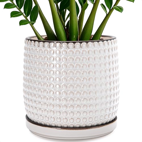 Beaded Ceramic Pot with Saucer (10.2 Inch / Smoked White)