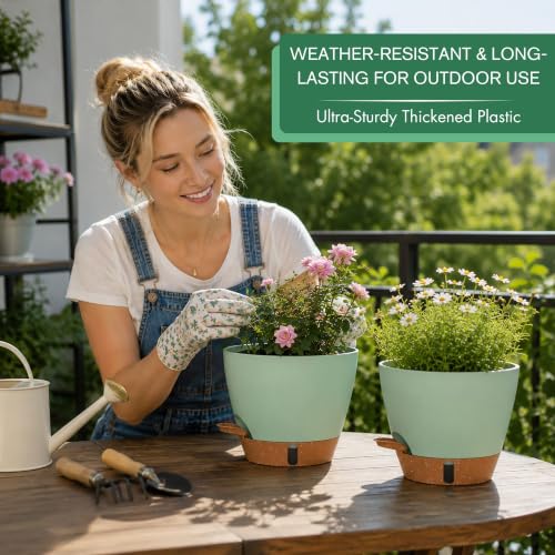 5 Pack Self Watering Pots for Ourdoor (Green / 6.5/7/8/9/10 Inch)
