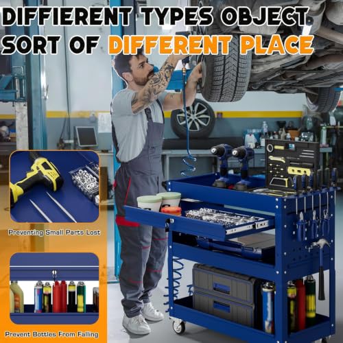 3 Tier Tool Cart on Wheels with Drawers (Blue)