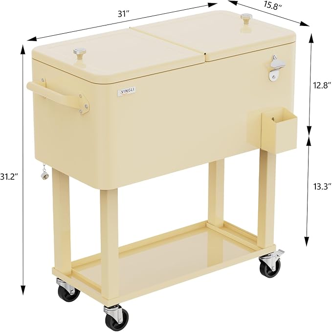 VINGLI 80 Quart Rolling Ice Chest, Portable Patio Party Bar Drink Cooler Cart, with Shelf, Beverage Pool with Bottle Opener