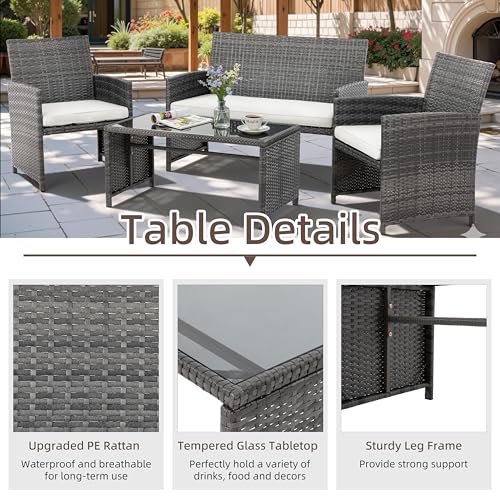 4 Piece Patio Ratten Set Outdoor Furniture Set Wicker Conversation Set with Cushions and Tempered Glass Tabletop (Beige)