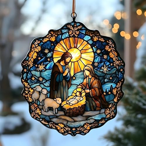 Nativity Catholic Acrylic Suncatcher Ornament Religious Window Hanging Christian Inspirational Home Decor (1-fba-xmas-f93-g / 8")