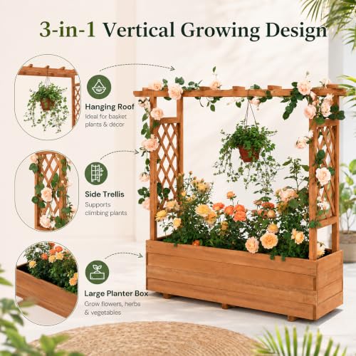 Raised Garden Bed with Arch Trellis & Hanging Roof for Climbing Plants (Brown / W55 x D17.5 x H44.5in)