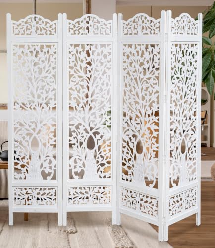 Room Divider Wooden Foldable Hand Carved Screens Panel 80" Wx72 H 4Panel (Antique White / 80"W x 72"H - Tree)