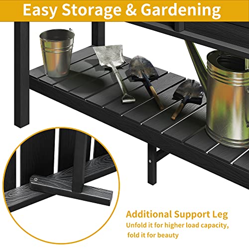 Raised Planter Box with Legs 48x18x30in Raised Garden Bed HDPE Poly Wood Weather (Black / 48x18x30in w/shelf)