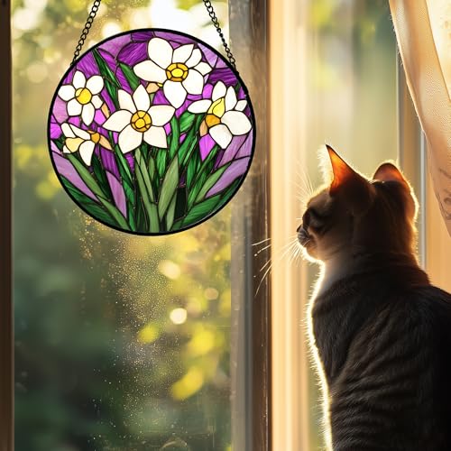 Stained Glass Window Hanging 4 Pcs Set Tulips Plum Flower Daffodils Hyacinths 6.3" (4-piece Purple Flower Set / 6.3x6.3 IN)
