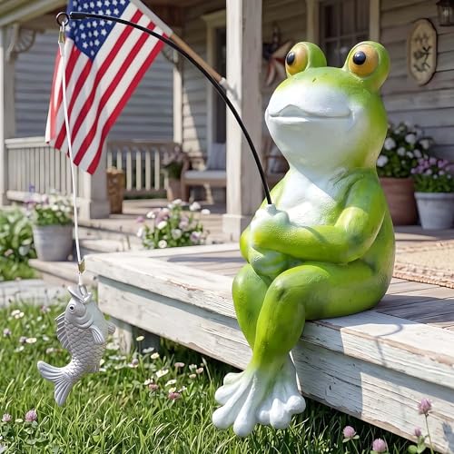 9.5" Frog Fishing Garden Sculptures & Statues