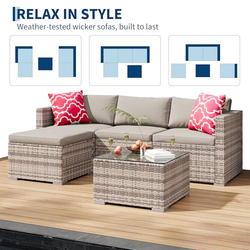 5-Piece All-Weather Patio Furniture Set, Convertible Outdoor Sectional Sofa with Ottoman & Tempered Glass Table, PE Rattan Conversation Set for Garden, Backyard, Porch, Poolside (Grey/Light Grey / 5 Pieces)