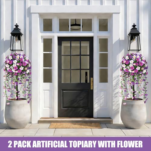 36" 2PCS Fake Topiary Bushes with Purple Morning Glory Flowers (Purple Morning Glory)