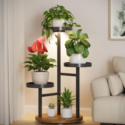 Corner Plant Stand Indoor Shelf Tall with Lights (Matte Black - Brown with Light / 3 Tier)