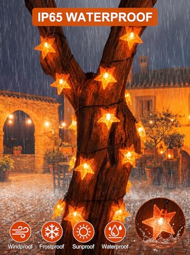 Twinkle Solar Star String Lights Outdoor Waterproof 39FT (Orange)