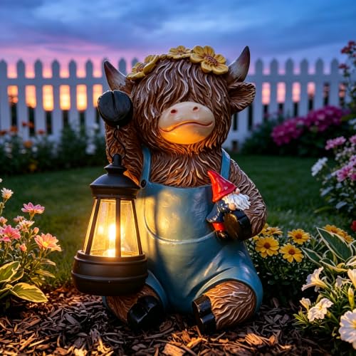 Solar Highland Cow Porch Statue with LED Lantern Garden Outdoor Decor (Solar Highland Cow Statue)
