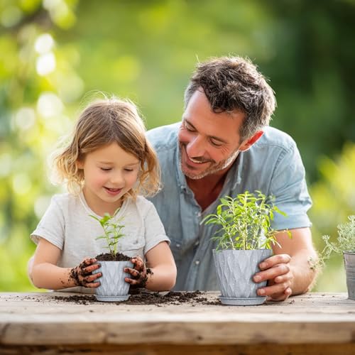 7/6.5/6/5.5/5/4.5/4 inch Plant Pots for Indoor Outdoor Plants, 7 Pack Thick Flower Pots with Drainage Holes and Saucers, Modern Wave Texture Plastic Planters Nursery Pots, Speckled Grey (Grey With White Speckles / 7+6.5+6+5.5+5+4.5+4 inch 7 pieces)