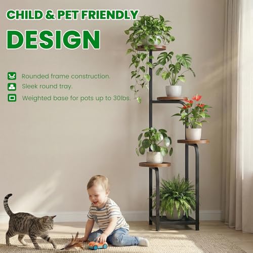Tall 5 Tier Corner Plant Stand Indoor (Wood + Black / 5-Tier Square Base)