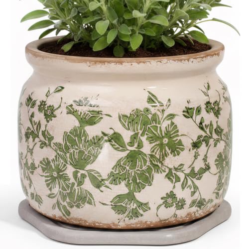 Tuscan Ceramic Planter with Decorative Tray (Classic Green / 7.7 in - w/ Saucer)