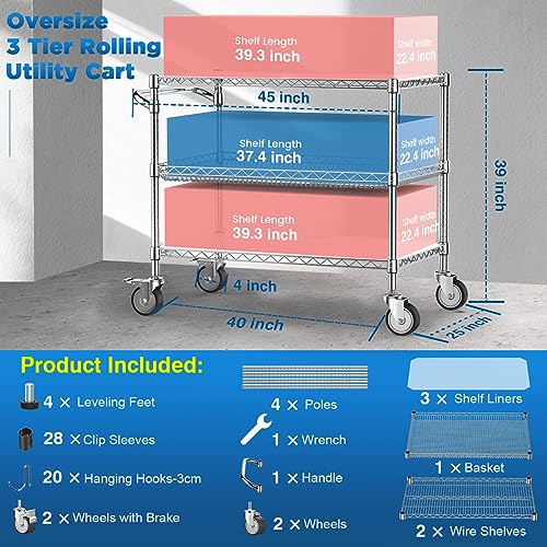 Commercial Rolling Utility Cart (3 Tier / 3-chrome)