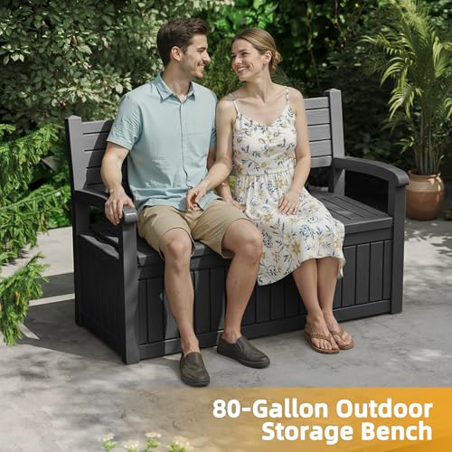 80 Gallon Outdoor Storage Bench Lockable Deck Box Outdoor Storage Box Waterproof for Patio (Black Srtipe / 80 Gallon)