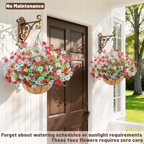 2 Set Artfiticial Hanging Flowers with Basket & Foam Outdoor (Red White / 2 Pcs)