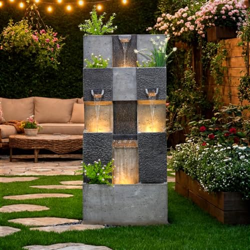 44.8" H Modern Outdoor Water Fountain with LED Lights and Pump (Gray 44.8 Inch)