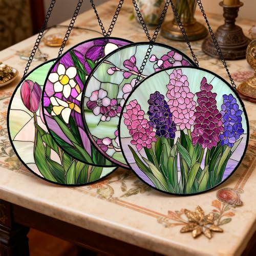 Stained Glass Window Hanging 4 Pcs Set Tulips Plum Flower Daffodils Hyacinths 6.3" (4-piece Purple Flower Set / 6.3x6.3 IN)