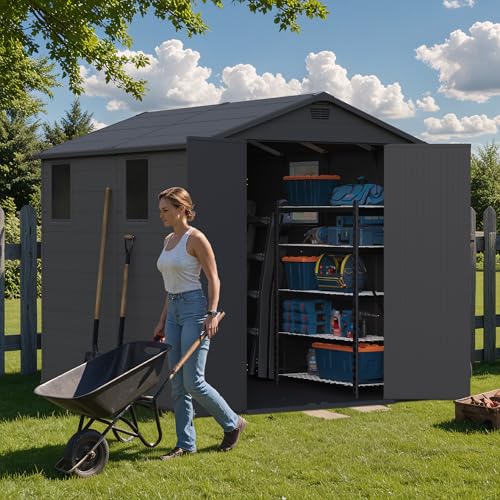 6x8FT Plastic Outdoor Storage Shed with Floor (6x8FT / Dark Gray)