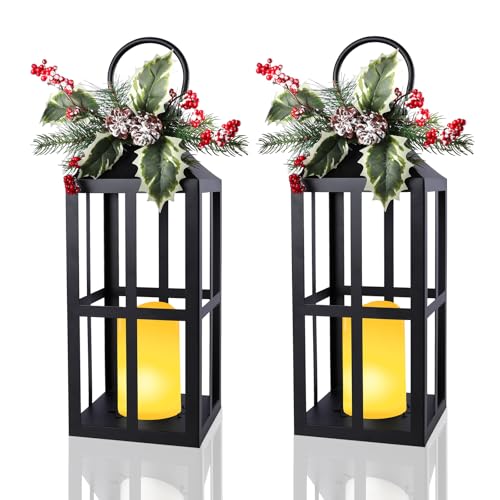 Christmas Lanterns 2 Pack with LED Candles for Christmas Porch Decor