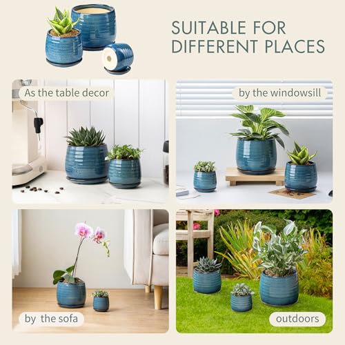 Ceramic Plant Pots with Drainage Holes and Saucers (3 Count)