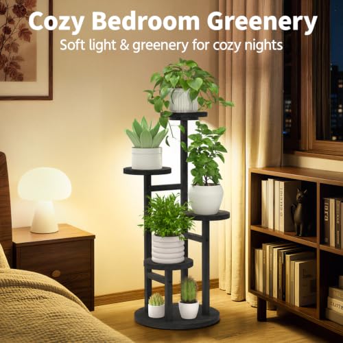 Wood Small Plant Stand Table Indoor Tall with Lights (Matte Black with Light / 4 Tier)