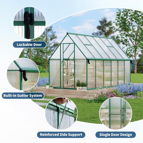 8X14FT Polycarbonate Greenhouse with Aluminum Frame (Green / 8X14FT)