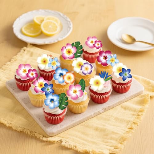65 PCS Edible Hawaiian Flowers Cupcake Toppers Tropical Palm Leaves Cupcake Picks Edible Hibiscus Flower Cake Decorations for Summer Hawaii Luau Theme Baby Shower Wedding Birthday Party Supplies (Pattern 4)